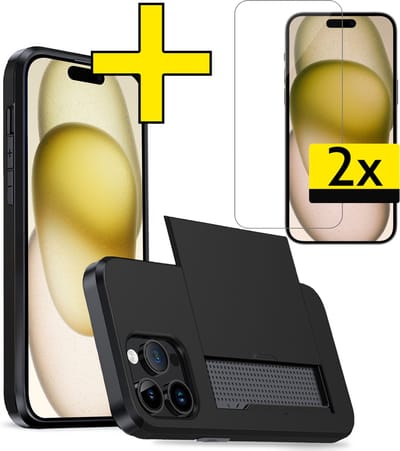 Hoesje Geschikt voor iPhone 15 Pro Hoesje Case Pashouder Hard Cover Met 2x Screenprotector - Hoes Geschikt voor iPhone 15 Pro Hoesje Met Kaarthouder - Zwart