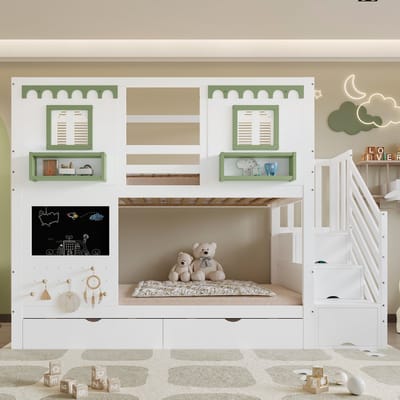 Sweiko Stapelbed - 90x200cm - 2 lades - Opbergruimte - Grenenhout + MDF - Wit + Groen