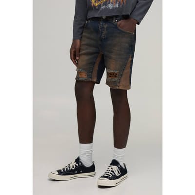 Crease Wash Gescheurde Knie Gusset Skinny Denim Shorts | Dark Wash | Size 28R