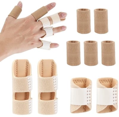 Oneay 4 stuks-Vingerbeschermer，Trigger Finger Splints en 5 stuks Vingermouwen， Pijnverlichtende Vingerstabilisator, Vingercorrector Fixatiespalk voor Breuk, Verstuiking, Gezwollen Vinger (Beige)