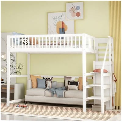 Merax Tussenbed 140x200 met trap, wit houten kinderbed met opbergplank, eenvoudige kledingkast