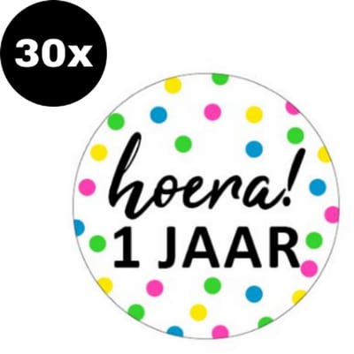 30x ZOETTT Sluitsticker Hoera 1 jaar! | NEON | 40 mm | Traktatiesticker Hoera | Cadeausticker | Sluitzegel | Sluitsticker | Traktatie - Verjaardag - Feest | Kinder traktatie