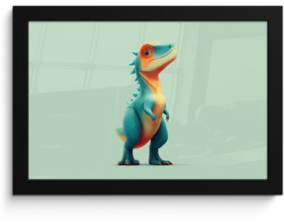 Poster in lijst - Fotolijst 30x20 cm - Posters - Cartoon - Dino - Oranje - Stekels - Posterlijst zwart - Decoratie - Wanddecoratie woonkamer - Muurdecoratie slaapkamer