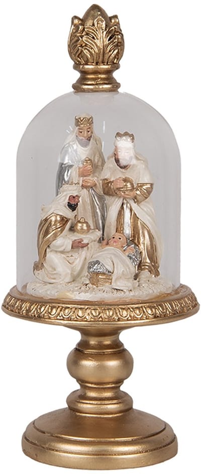 Clayre & Eef Glazen Stolp Kerstgroep Ø 9x22 cm Goudkleurig Kunststof