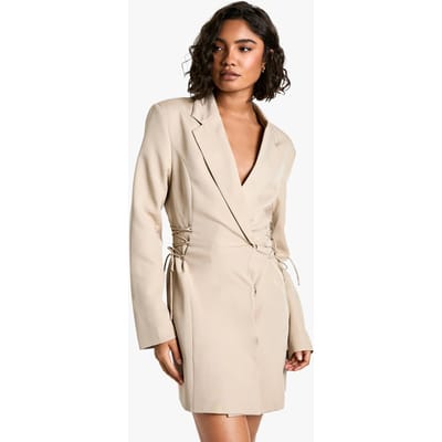 boohoo Dames Lange blazerjurk met zij-vetersluiting | Taupe | Maat: 36