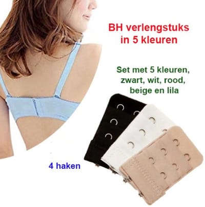 Set van 5 BH-verlengstukken – 4 haken – 5 kleuren – Elastisch – Zwart, Wit, Beige, Rood en Lila