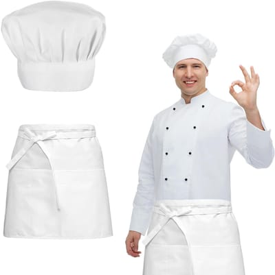 Dailygoods- Koksmuts Set - Verstelbare Koksmuts - Ademend Schort - Professioneel Kostuum - Voor Mannen/Vrouwen - Hoge Kwaliteit Katoen - Keukenschort
