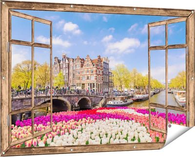 Gards Tuinposter Doorkijk Amsterdamse Huisjes aan de Grachten - 150x100 cm - Tuindoek - Tuindecoratie - Wanddecoratie buiten - Tuinschilderij