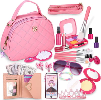 Prinses Make-up Tas 32 Delig - Meisjes Schmink Set met Handtas, Telefoon, Sleutels & Accessoires - Rollenspel Speelgoed voor 3 4 5 6 7 Jaar - Perfect Verjaardagscadeau voor Meisjes