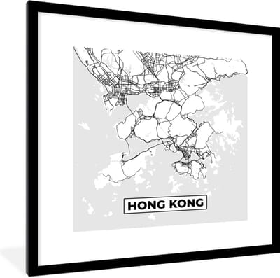Fotolijst incl. Poster Zwart Wit- Hong Kong - Stadskaart - Zwart Wit - Plattegrond - Kaart - 40x40 cm - Posterlijst