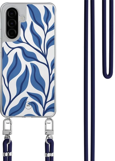 Hoesje met koord geschikt voor Samsung Galaxy A26 - Blue leaves - Inclusief Donkerblauw koord - Crossbody beschermhoes - Transparant, Blauw - Mooie Telefoonhoesjes