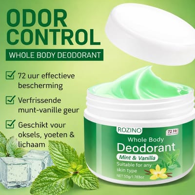 ROZINO Natuurlijke Deodorantcrème 50g – Munt & Vanille – 72u Bescherming – Voor Oksels, Voeten & Lichaam – Unisex