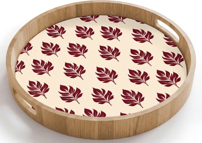 Dienblad rond 40x40 cm - Schootdienblad hout - Botanisch - Patroon - Bordeaux - Borrelplank rechthoek - Plateau houten dienbladen