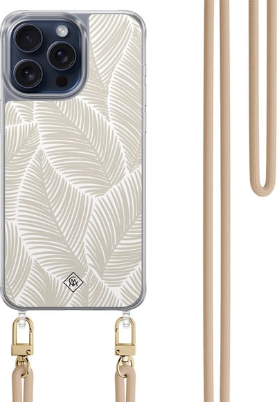 Casimoda® hoesje met beige koord - Geschikt voor iPhone 15 Pro Max - Palm Leaves Beige - Afneembaar koord - TPU/polycarbonaat - Bruin/beige
