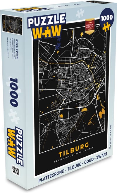 Puzzel Plattegrond - Tilburg - Goud - Zwart - Legpuzzel - Puzzel 1000 stukjes volwassenen - Stadskaart