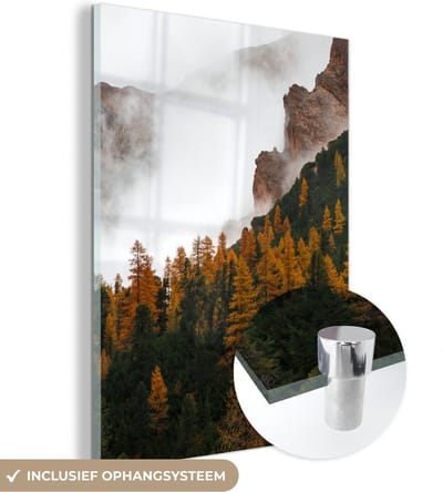 MuchoWow® Glasschilderij 30x40 cm - Schilderij acrylglas - Dennenboom - Herfst - Berg - landschap - Foto op glas - Schilderijen
