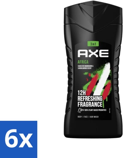 Axe - 3-in-1 Douchegel - Africa - Squeezed Mandarin & Sandalwood - 12hrs Long Lasting Scent - 250 ml - Voordeelverpakking - 6 stuks