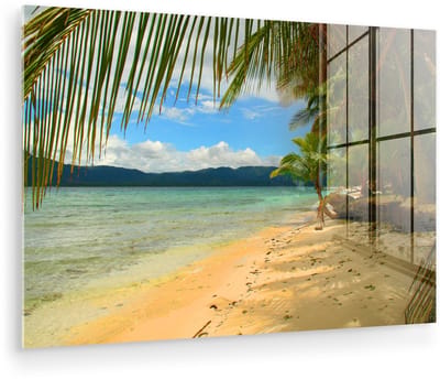 ® Glasschilderij 180x120 cm - Schilderij acrylglas - Strand en palmbomen bij de San Blas-eilanden bij Panama - Foto op glas - Muurdecoratie woonkamer - Wanddecoratie slaapkamer - Schilderijen