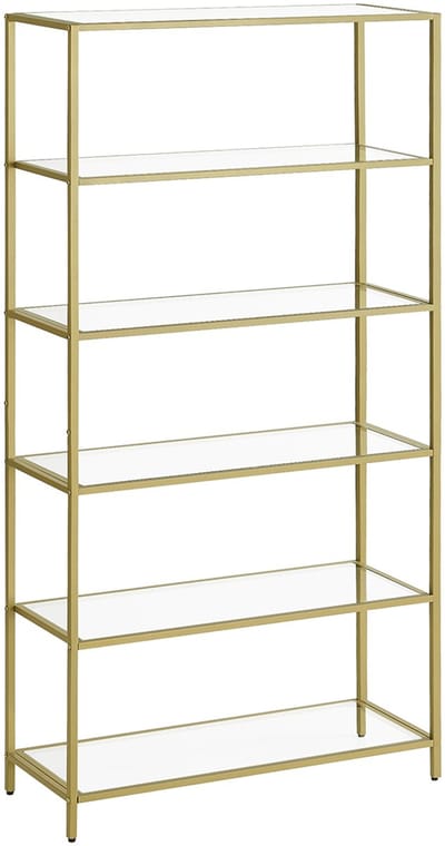 Luxe Boekenkast – Open Opbergkast - Hoge stellingkast - Goudkleurig Staal & Gehard Glas - 6 Lagen – 30x80x177,3 cm