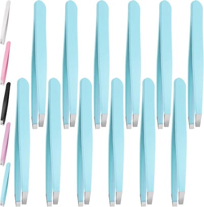 Professionele Set van 12 Blauwe Eyebrow Tweezers van Roestvrij Staal met Gehoekte Punt voor Precisie, Geschikt voor Mannen en Vrouwen, Ideaal voor Het Verwijderen van Haar en Het Vormgeven van Wenkbrauwen