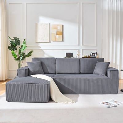 Wishdor Modulaire Hoekbank L-Vorm (Hoek Links) - Ribstof Plofbank met Chaise Longue - 2 Kussens - Grijs - 235x128x83 cm
