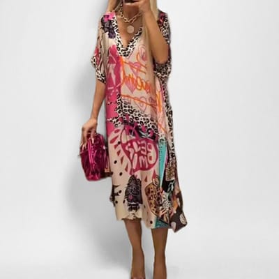 Nieuwe Zomer Dameskleding Elegant en Modieus Bedrukte V-hals Lange Jurk 3XL roze
