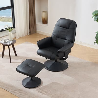 BLACKCOLORS Massagefauteuil met verstelbare rugleuning, verwarming en voetensteun, relax-tv-fauteuil van PU-stof, 360° draaibaar, zwart