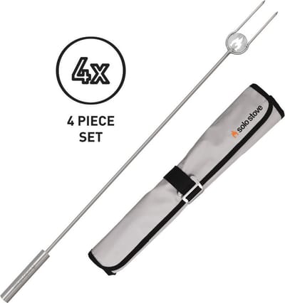 Solo Stove-vuurkorfspiezen. 4-Delige set. Inclusief beschermende behuizing, accessoires voor de vuurkorf. Tweeledig, roestvrijstaal, lengte: 91,44 cm.
