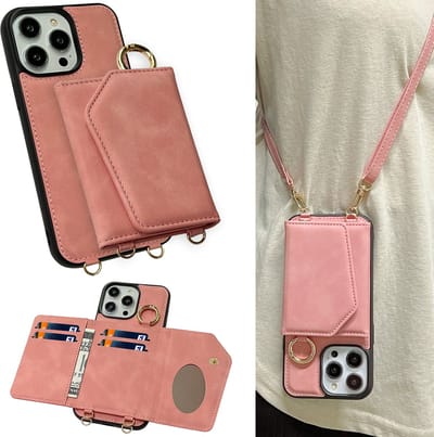 Casemania Hoesje Geschikt voor Apple iPhone 15 Pro - Pale Pink - Luxe Telefoonhoes met Koord - Wallet Case met Spiegeltje en Pasjeshouder - Crossbody Draagbaar Alles-in-één Back Cover