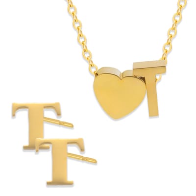 Initiaal Ketting & Oorbellen set met Letter T Goudkleurig - Stainless Steel - Met letter & Hartje! - 2x Sieraden Cadeau - Pax Amare