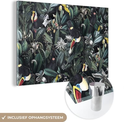 MuchoWow® Glasschilderij 120x80 cm - Schilderij acrylglas - Bloemen - Toekan - Bladeren - Foto op glas - Schilderijen
