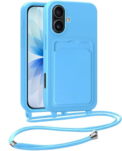 Hoesje Geschikt voor iPhone 17 Hoesje Met Telefoonkoord en Pasjeshouder Siliconen - Hoes Geschikt voor iPhone 17 Hoesje Met Kaarthouder Case - Lichtblauw