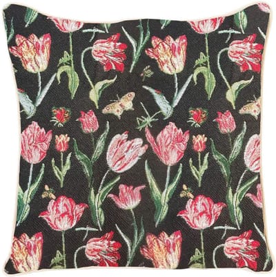 Ulticool Kussenhoes Tulpen Zwart Vlinder Bloemen - Jacquard Gobelin - Exclusief Kussenvulling - Sierkussen 45x45 cm - Sierkussenhoes Tulpenbollen - Kussentjes Bank Roze