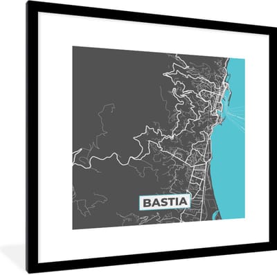 Fotolijst incl. Poster - Frankrijk - Bastia - Plattegrond - Kaart - Stadskaart - 40x40 cm - Posterlijst