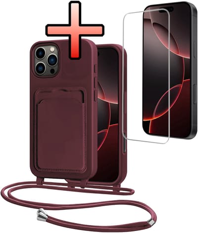 Hoes Geschikt voor iPhone 16 Pro Hoesje Pasjeshouder Cover Met Koord Case Siliconen Hoes Met Telefoonkoord en Kaarthouder Met Screenprotector - Aubergine