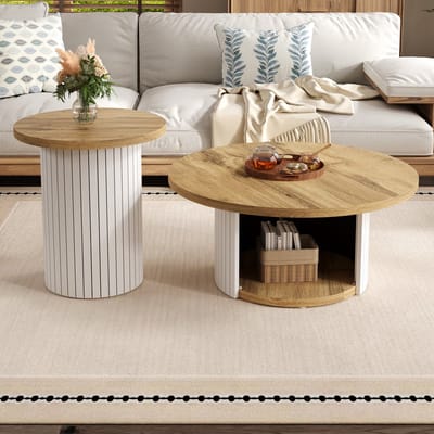 MODFU Salontafelset - Rond Dubbel Ontwerp - Scandinavische Stijl - Voor Woonkamer - MDF - Naturel - 75 x 75 x 50 + 45 x 45 x 35 Cm