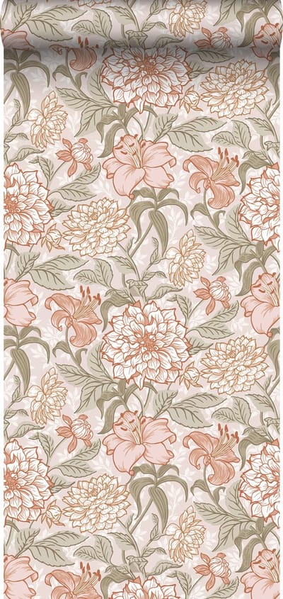 ESTAhome behang vintage bloemen oudroze en groen - 53 cm x 10.05 m - 139479