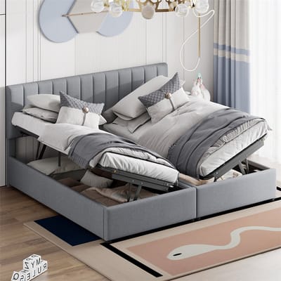 YEHTOKHOME Kinderbed gestoffeerd bed 180x200 cm - Hydraulisch opbergbed - Huidvriendelijk linnen tweepersoonsbed met opbergruimte - Verstelbaar hoofdeinde - Grijs (zonder matras)