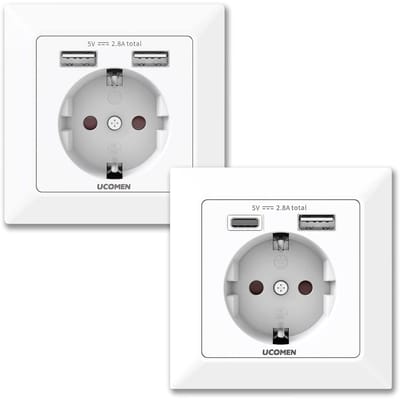 Stopcontact met 2 USB A en Type C Poorten, 2.8A, 250V, Wit (2 Stuks)