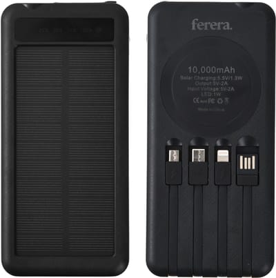 Ferera Solar Powerbank - 10.000 mAh - Ingebouwde Kabels - Noodpakket Zonne-energie - Solar Charger