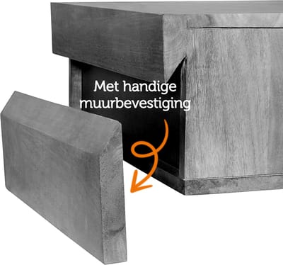 Zwevend Nachtkastje Sem - Mangohout - Bruin - 45x18x35 cm (BxHxD - Met Lade - Eenvoudig Ophangsysteem