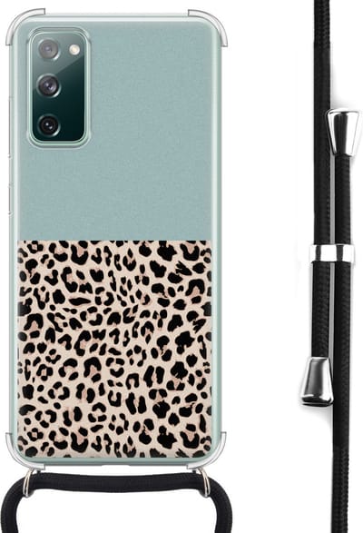 Hoesje met koord - Geschikt voor Samsung Galaxy S20 FE - Luipaard mint - Verstelbaar zwart koord - Crossbody - Luipaardprint - Transparant, Groen - Leuke Telefoonhoesjes