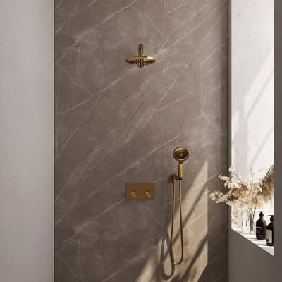 Brauer Gold Carving Thermostatische Regendoucheset Inbouw - Hoofddouche 20 cm - Rechte Wandarm - Met Drukknoppen - Handdouche 3 Standen - Doucheslang - Wandaansluitbocht - Geborsteld Goud