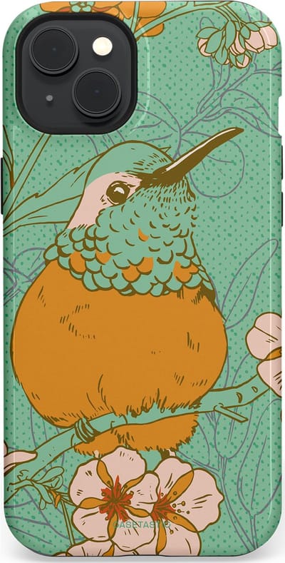 Casetastic hoesje geschikt voor Apple iPhone 15 Plus - MagSafe - Dubbellaagse bescherming - Bloesem Kolibrie - Fashion Case - Mintgroen Okergeel Zand
