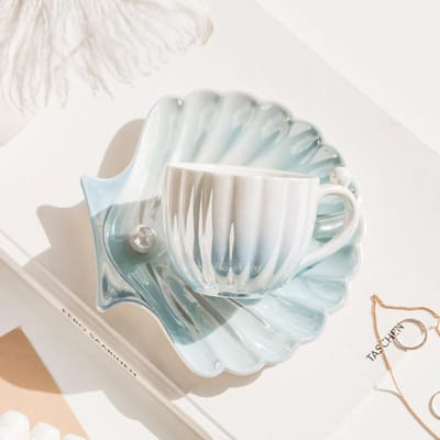Tasse à café coquille de perle Style européen Tasse à café créative Tasse en céramique Cadeau Ins Service à thé pour l'après-midi Service à thé 201-300ml white