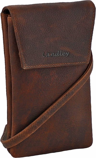 Landley Leren Dames Telefoontasje - Klein Schoudertasje - Phone Wallet - Antique Vintage Leer - Donker Cognac / Bruin