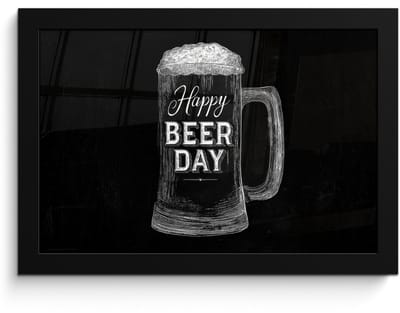 Poster in lijst - Fotolijst 30x20 cm - Posters - Bierpul - Witte krijtletters - Happy beer day - Posterlijst zwart - Decoratie - Wanddecoratie woonkamer - Muurdecoratie slaapkamer