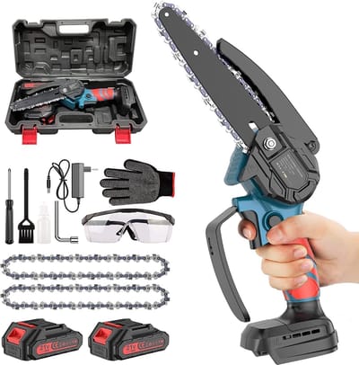 Ponoseu - Mini Kettingzaag - Elektrische Kettingzaag met 2 Accu's - Snoeizaag - Tuinieren - Krachtige Kettingzaag - Handkettingzaag - Elektrische Snoeischaar - Inclusief 2 Accu, 2x Ketting, Handschoenen, Bril en Opbergkoffer