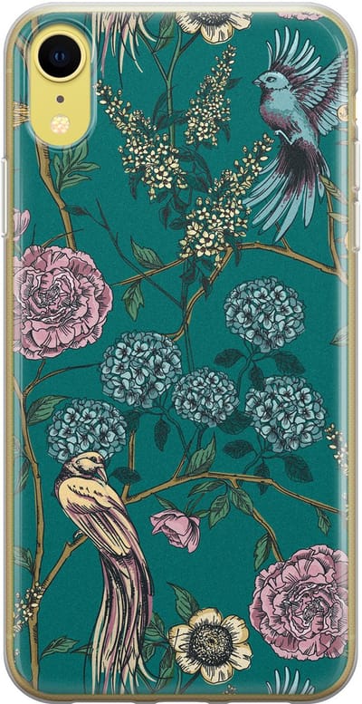 Hoesje geschikt voor iPhone XR - Vogels Japanse bloemen - Soft Case - TPU - Bloemen - Blauw - Mooie Telefoonhoesjes