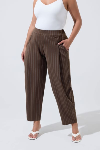 Limited Collection Chocoladebruine Pantalon Met Blauwe Krijtstreep En Barrel Leg Size 38